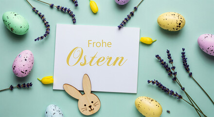 Wall Mural - colorful easter eggs, lavender flowers, and a wooden bunny decorate a light green surface, surroundi