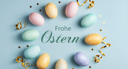 Wall Mural - easter eggs arranged in a circle with golden confetti and ribbons on a pastel blue background with t