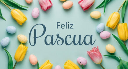 Wall Mural - colorful easter eggs and tulips creating a frame on a light blue background with the spanish text fe