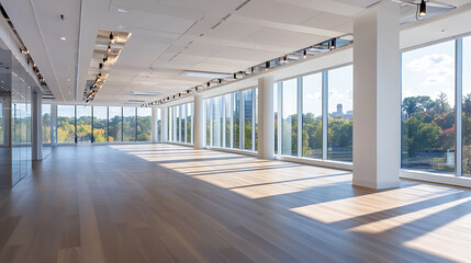 Wall Mural - An empty office space flooded with natural light from numerous windows showing modern workspace design The evolution of workspace design to accommodate hybrid work models