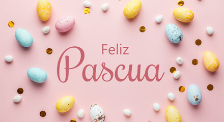 Wall Mural - colorful easter eggs and chocolate candies arranged on a pink background with the spanish words feli