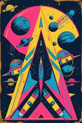 Poster - colorful retro space art featuring a rocket surrounded by planets and stars against a cosmic backdro