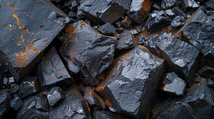 Aufkleber - These dark rocks exhibit a metallic sheen, scattered chaotically across the ground, revealing intricate textures and orange accents that highlight their natural beauty and rugged terrain.
