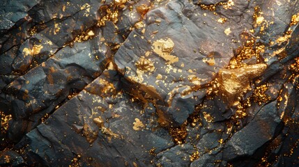 Aufkleber - A close up view reveals glistening gold veins intertwined with dark stone, showcasing the unique mineral composition of a rocky terrain in a secluded mountainous area.