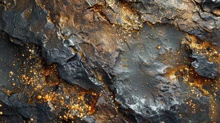 Poster - Textured black and gold surface reveals intricate patterns formed through natural processes. Bright light enhances the details and shimmering aspects of the rocky material.