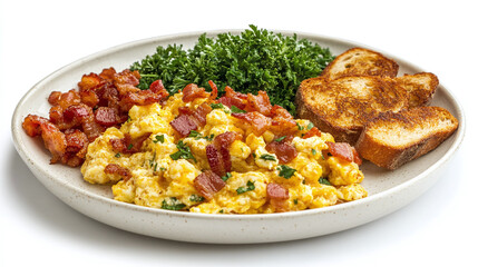 Wall Mural - Classic breakfast plate with scrambled eggs, crispy bacon, toasted bread, and fresh parsley - hearty morning meal isolated on white background.