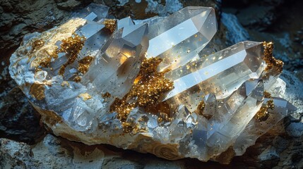 Aufkleber - A stunning cluster of quartz crystals sparkles with golden accents, sitting upon a rocky surface inside a cave illuminated by natural light filtering through openings above during midday exploration.