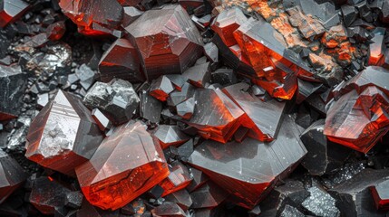 Aufkleber - Bright red and black crystals cluster together, showcasing their jagged forms and unique texture against a rocky backdrop under natural lighting.