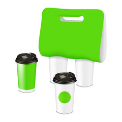 Wall Mural - Takeaway drink eco set. 3d vector mock-up. Takeout coffee cup carrier with die cut handle, disposable paper mugs, blank and with label stickers. Realistic mockup. Template for design. Easy editable