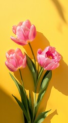 Aufkleber - Radiant tulips and elegant peonies bloom splendidly against a cheerful yellow background, capturing the essence of springtime joy. Each petal glows softly under warm sunlight