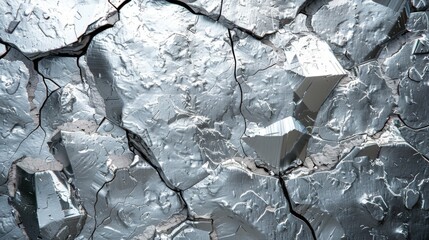 Leinwandbilder - Textured surface reveals cracked silver paint with complex patterns. Bright light highlights the intricate details of the peeling layers, creating an artistic contrast.