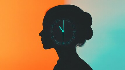 Aufkleber - Silhouette of a woman with a clock integrated into her head, symbolizing multitasking, time management, and stress. The contrasting colors suggest chaos and urgency in meeting deadlines