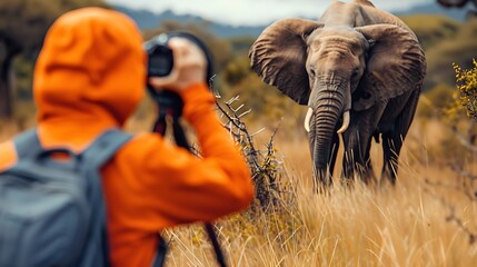 A traveler taking photos of exotic wildlife in a national park during a safari adventure.

