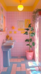 Poster - Bright pastel tiles in pink and blue envelop the retro bathroom, creating a warm atmosphere. A vibrant green plant thrives beside the sinks, instilling a sense of tranquility and fun