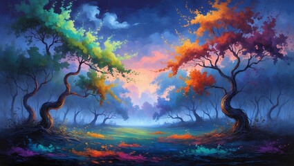 Poster - Colorful autumn forest at dusk with vibrant trees and a serene landscape