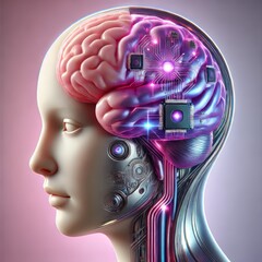Wall Mural - futuristic concept of ai vs human brain, merging biology and technology in artificial intelligence