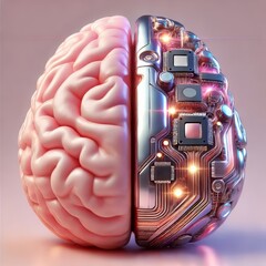 Wall Mural - futuristic concept of ai vs human brain, merging biology and technology in artificial intelligence