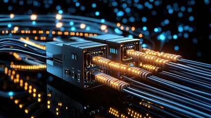 Poster - Close-up of a network switch with white cables in a data center, blue light, and blurred figures in a high-tech setting