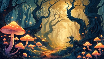 Poster - Enchanted forest pathway with glowing mushrooms on a serene dusk