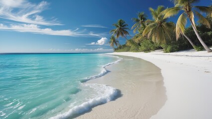 Wall Mural - turquoise waters gently lap against the serene sandy beach under a clear blue sky in a tropical para