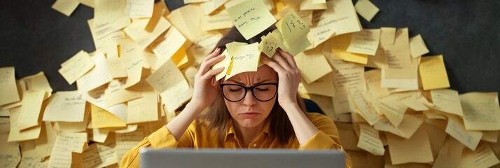 Poster - Office worker surrounded by sticky notes, illustrating the chaos of multitasking and time management. Stress is evident as deadlines loom in a hectic work environment