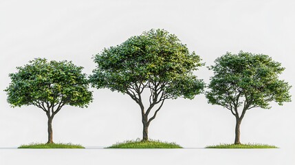 Wall Mural - Three lush trees on small lawns, isolated on white; landscape design