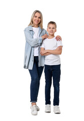 Canvas Print - Happy mother and son on white background