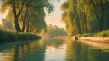 Wall Mural - serene riverside scene at dawn with tall trees and calm water reflecting the morning light