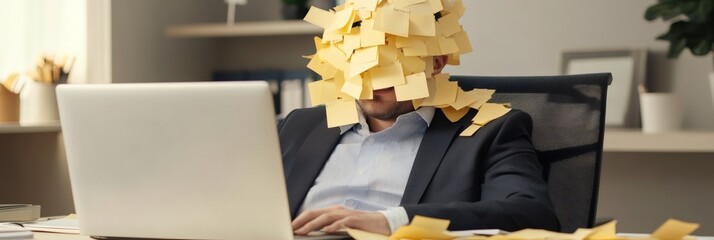Aufkleber - Office worker sitting at a desk with face and body covered in sticky notes, symbolizing stress and chaos in multitasking and time management. Laptop and office setting enhance the theme