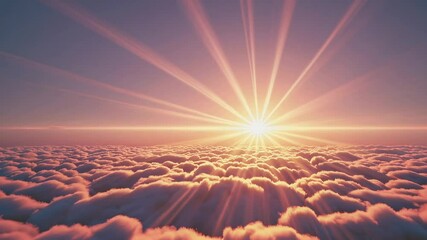 Poster - Sunrise over fluffy clouds with radiant rays, serene beauty of nature and tranquility concept