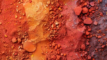 Poster - Different shades of red and orange pigments are arranged on a textured surface, creating a vibrant display of natural colors. The pigments vary in size and texture, showcasing earth tones.