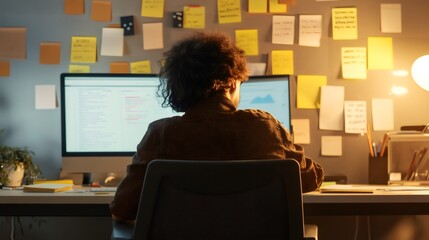 Poster - Professional sits at a cluttered desk, surrounded by sticky notes and screens, embodying the chaos of multitasking and time management under tight deadlines in a modern office setting