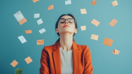 Aufkleber - Professional woman in an orange blazer, surrounded by flying sticky notes, embodies the chaos of multitasking and time management under pressure, capturing the essence of workplace stress