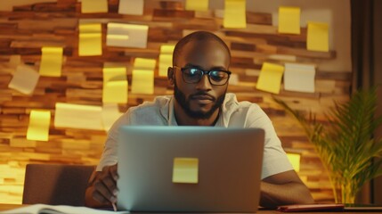 Aufkleber - Professional working on a laptop surrounded by sticky notes, illustrating the concept of multitasking and time management in a busy work environment. The scene conveys stress and urgency