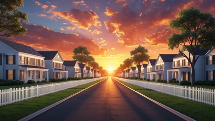 Wall Mural - beautiful sunset over a calm suburban street lined with white picket fences and charming houses