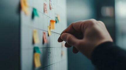 Aufkleber - Hand placing colorful sticky notes on a calendar, symbolizing multitasking and time management. Represents chaos and stress in a work environment with looming deadlines