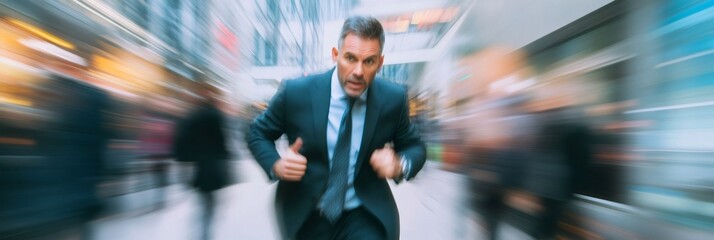 Poster - Businessman in a suit hurries through a bustling city street, embodying the chaos of multitasking and time management under pressure. The blurred background emphasizes the fast paced environment