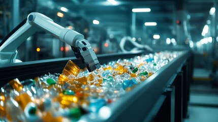 Aufkleber - In a modern recycling facility, a robotic arm efficiently sorts plastic bottles of varying colors on a conveyor belt, demonstrating the automation of waste management processes