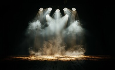 Poster - An empty stage with a dark background is illuminated by spotlights in a 3D rendered image