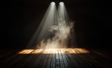 Poster - Spotlights shine on an empty stage set against a dark backdrop, created using 3D rendering