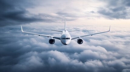 Poster - Commercial jet plane flying above dramatic clouds during sunset, symbolizing international travel, business trips, and the aviation industry