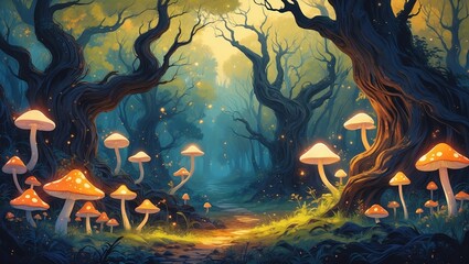 Poster - Mushroom-filled forest path with vibrant fungi and soft glowing lights during twilight hours