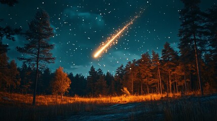 Wall Mural - bright meteor shower over forest clearing at night