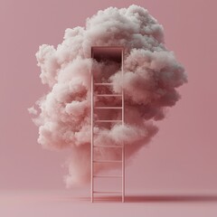Aufkleber - The image is a 3D render of a blue ladder with a white fluffy cloud above it, isolated on a pink background