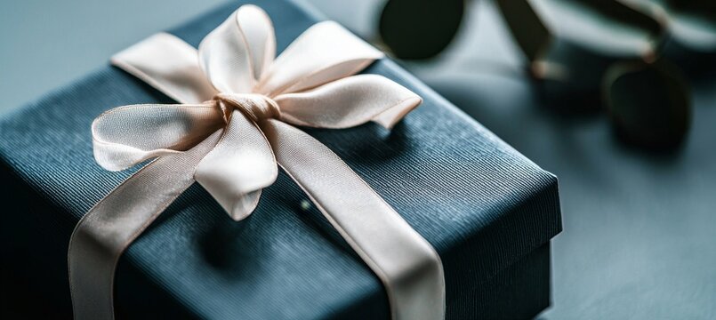 A baby blue gift box adorned with a white bow is set against a light blue background in this 3D rendered mock-up poster, also classified as a 3D illustration