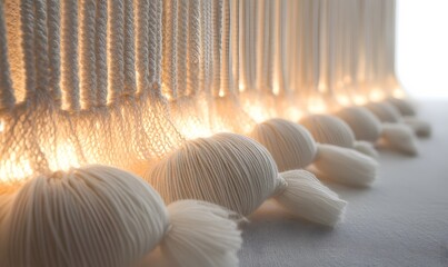 Poster - Soft Knitted Yarn Balls with Illuminated Fringe Curtain Backdrop Close-Up