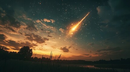 Wall Mural - Spectacular meteor shower illuminating night sky at dusk with orange glow