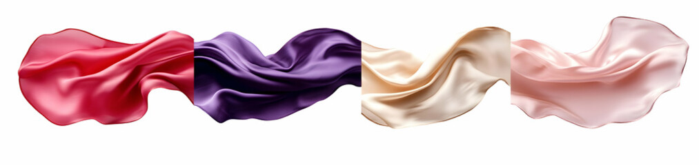 Poster - Four pieces of differently colored and shaped silk cloth flying in the air, isolated on a white background