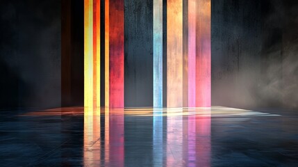 Wall Mural - The image features a 3D rendering of an abstract background that showcases a vibrant spectrum of colors, accompanied by radiant neon rays and luminous lines