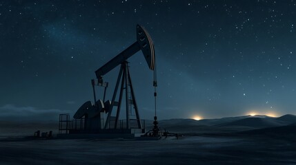 Poster - Oil pump jack is extracting crude oil in a desolate landscape at night, under a beautiful starry sky, with the rising sun illuminating the horizon